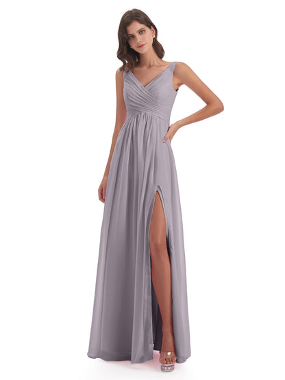 Jurnee Floor Length V-neck Ruched Chiffon Bridesmaid Dresses