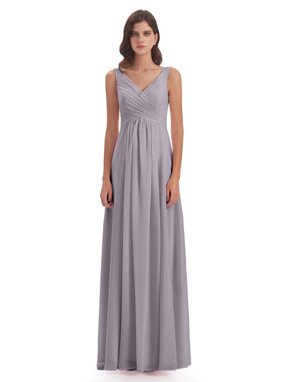 Jurnee Floor Length V-neck Ruched Chiffon Bridesmaid Dresses