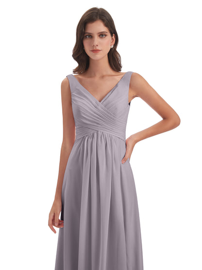 Jurnee Floor Length V-neck Ruched Chiffon Bridesmaid Dresses