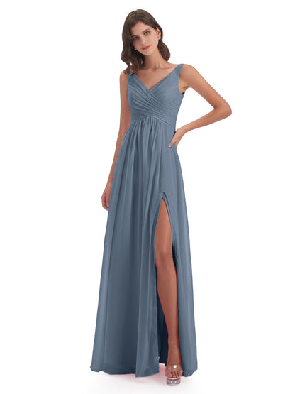 Jurnee Floor Length V-neck Ruched Chiffon Bridesmaid Dresses