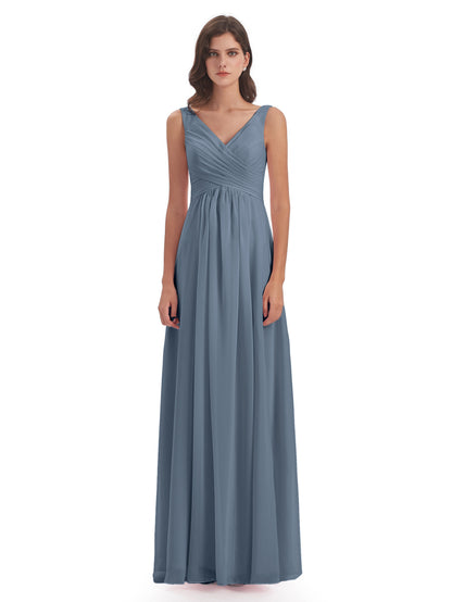 Jurnee Floor Length V-neck Ruched Chiffon Bridesmaid Dresses
