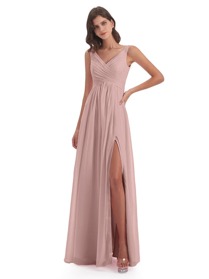 Jurnee Floor Length V-neck Ruched Chiffon Bridesmaid Dresses