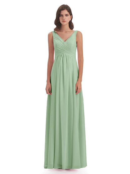 Jurnee Floor Length V-neck Ruched Chiffon Bridesmaid Dresses