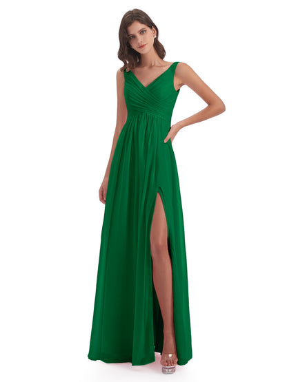 Jurnee Floor Length V-neck Ruched Chiffon Bridesmaid Dresses
