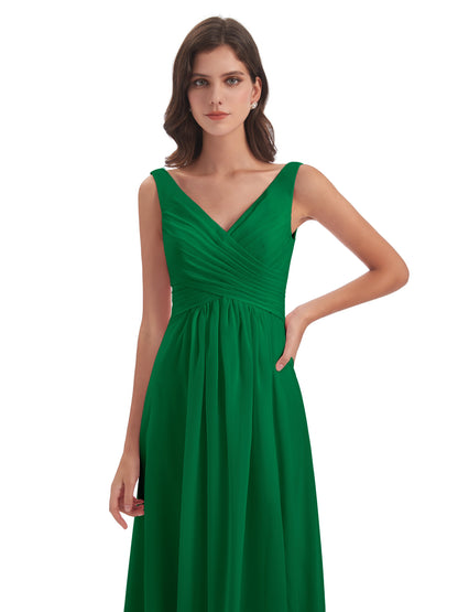 Jurnee Floor Length V-neck Ruched Chiffon Bridesmaid Dresses