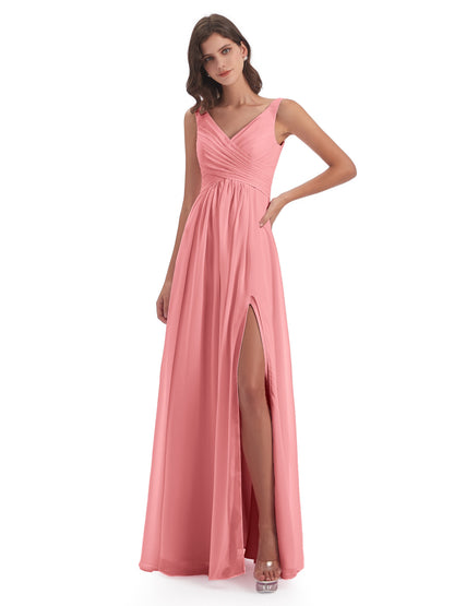 Jurnee Floor Length V-neck Ruched Chiffon Bridesmaid Dresses