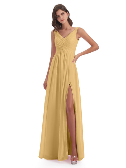 Jurnee Floor Length V-neck Ruched Chiffon Bridesmaid Dresses