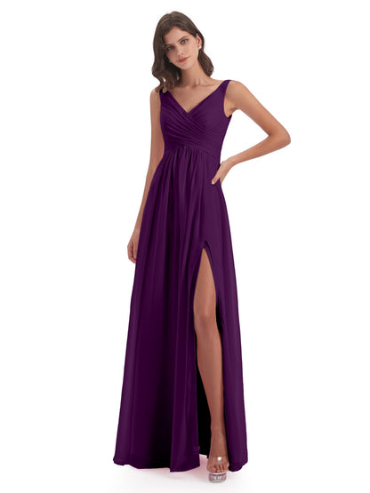 Jurnee Floor Length V-neck Ruched Chiffon Bridesmaid Dresses