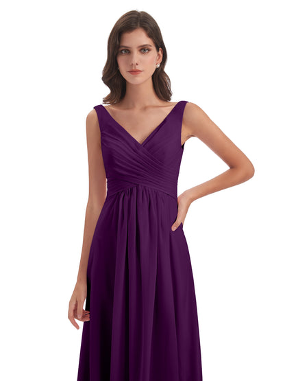 Jurnee Floor Length V-neck Ruched Chiffon Bridesmaid Dresses