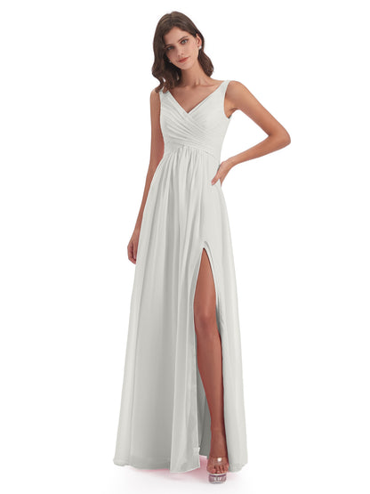 Jurnee Floor Length V-neck Ruched Chiffon Bridesmaid Dresses