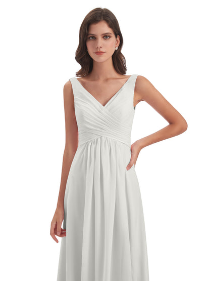 Jurnee Floor Length V-neck Ruched Chiffon Bridesmaid Dresses