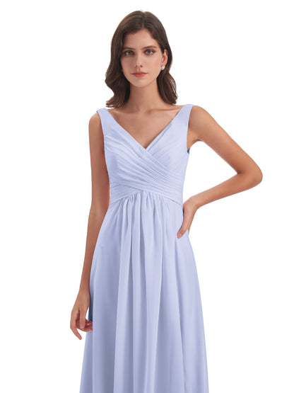 Jurnee Floor Length V-neck Ruched Chiffon Bridesmaid Dresses