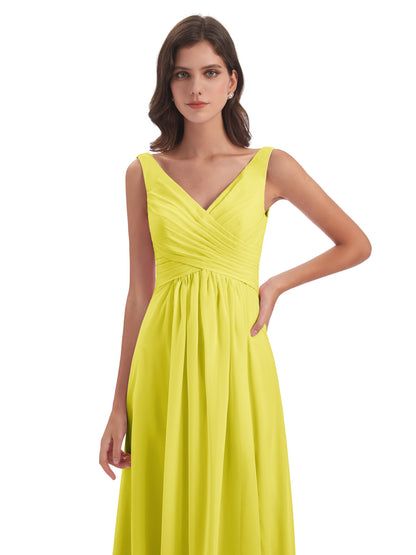 Jurnee Floor Length V-neck Ruched Chiffon Bridesmaid Dresses