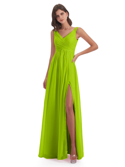 Jurnee Floor Length V-neck Ruched Chiffon Bridesmaid Dresses
