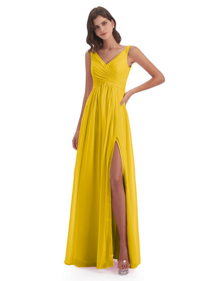 Jurnee Floor Length V-neck Ruched Chiffon Bridesmaid Dresses