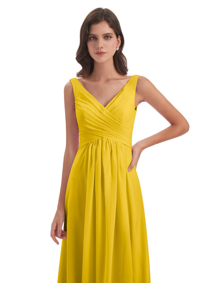 Jurnee Floor Length V-neck Ruched Chiffon Bridesmaid Dresses