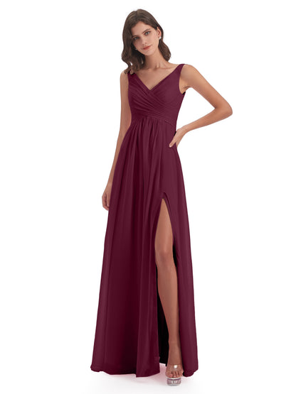 Jurnee Floor Length V-neck Ruched Chiffon Bridesmaid Dresses