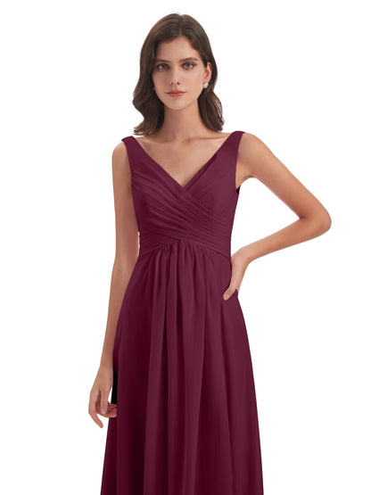 Jurnee Floor Length V-neck Ruched Chiffon Bridesmaid Dresses