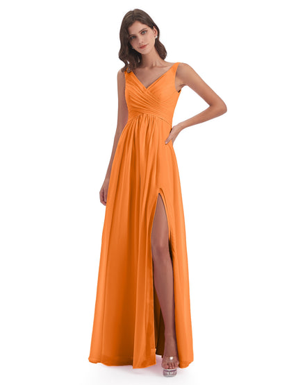 Jurnee Floor Length V-neck Ruched Chiffon Bridesmaid Dresses