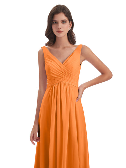 Jurnee Floor Length V-neck Ruched Chiffon Bridesmaid Dresses
