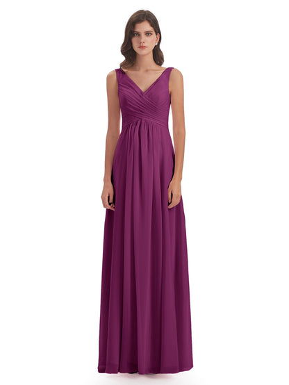 Jurnee Floor Length V-neck Ruched Chiffon Bridesmaid Dresses