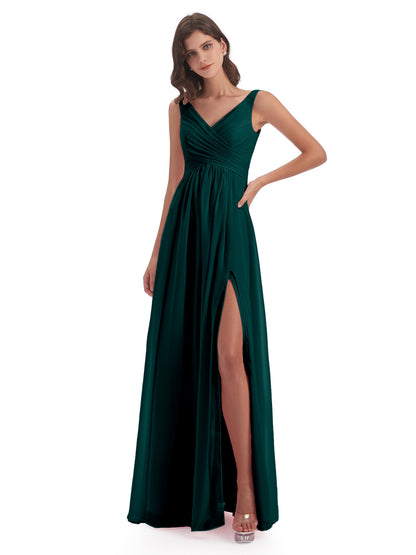 Jurnee Floor Length V-neck Ruched Chiffon Bridesmaid Dresses