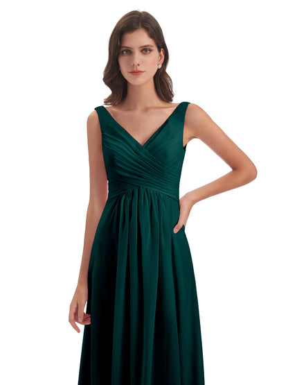 Jurnee Floor Length V-neck Ruched Chiffon Bridesmaid Dresses