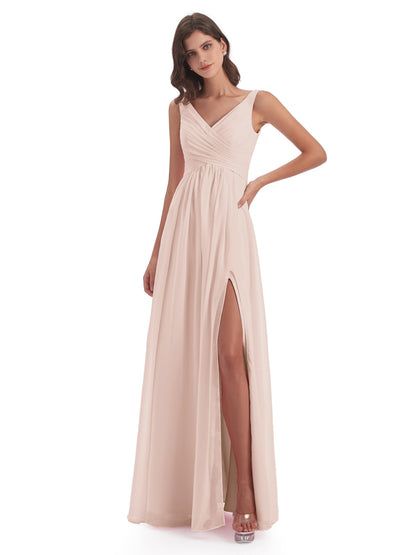 Jurnee Floor Length V-neck Ruched Chiffon Bridesmaid Dresses
