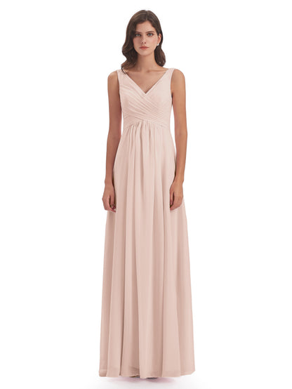 Jurnee Floor Length V-neck Ruched Chiffon Bridesmaid Dresses