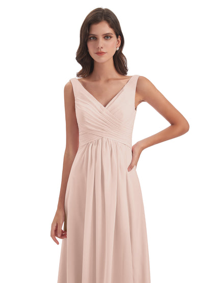 Jurnee Floor Length V-neck Ruched Chiffon Bridesmaid Dresses