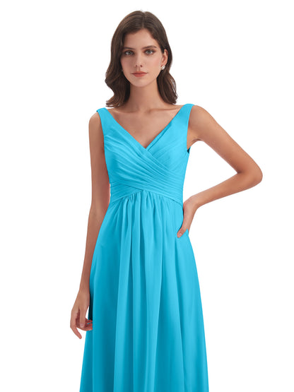 Jurnee Floor Length V-neck Ruched Chiffon Bridesmaid Dresses