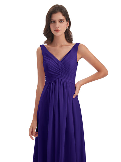 Jurnee Floor Length V-neck Ruched Chiffon Bridesmaid Dresses