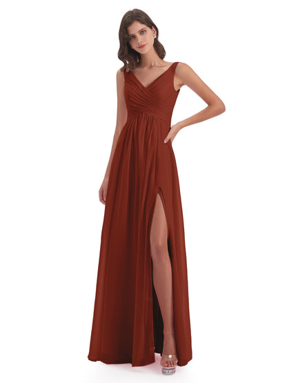 Jurnee Floor Length V-neck Ruched Chiffon Bridesmaid Dresses