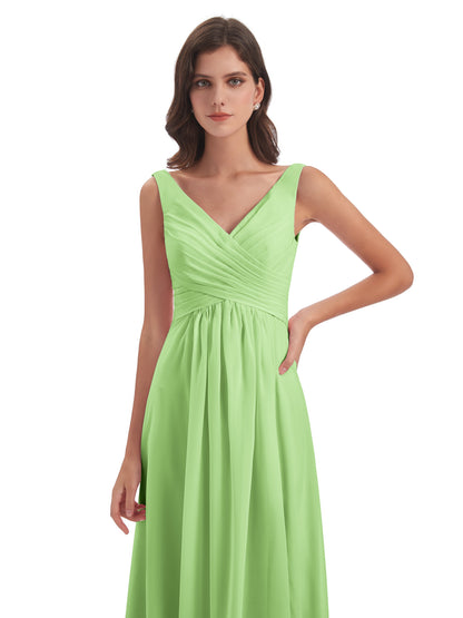 Jurnee Floor Length V-neck Ruched Chiffon Bridesmaid Dresses