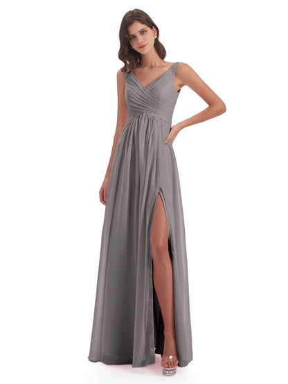 Jurnee Floor Length V-neck Ruched Chiffon Bridesmaid Dresses
