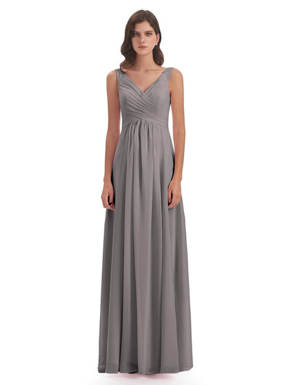 Jurnee Floor Length V-neck Ruched Chiffon Bridesmaid Dresses