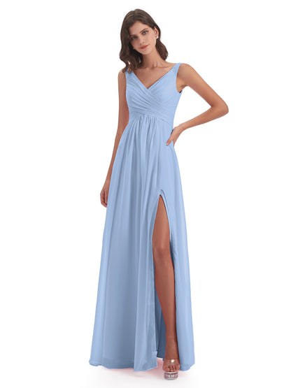 Jurnee Floor Length V-neck Ruched Chiffon Bridesmaid Dresses
