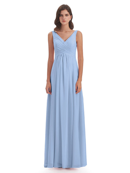 Jurnee Floor Length V-neck Ruched Chiffon Bridesmaid Dresses