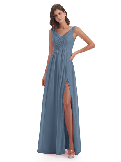 Jurnee Floor Length V-neck Ruched Chiffon Bridesmaid Dresses