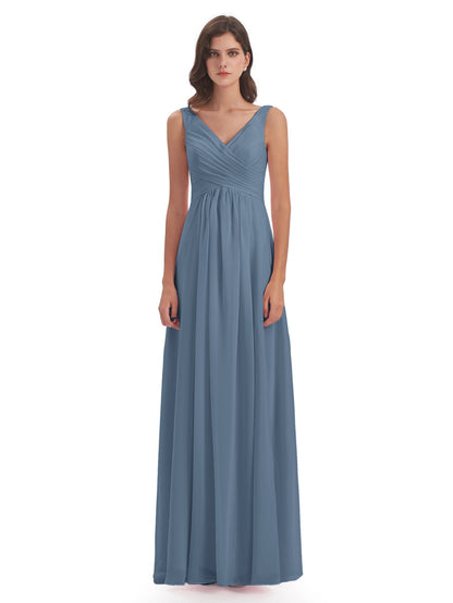 Jurnee Floor Length V-neck Ruched Chiffon Bridesmaid Dresses