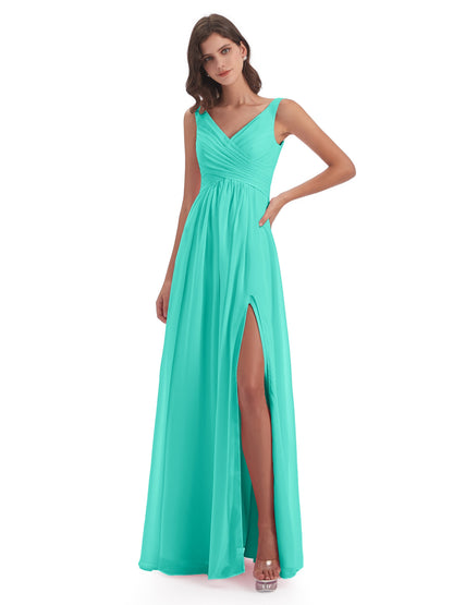 Jurnee Floor Length V-neck Ruched Chiffon Bridesmaid Dresses