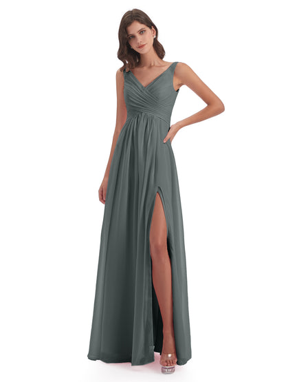 Jurnee Floor Length V-neck Ruched Chiffon Bridesmaid Dresses