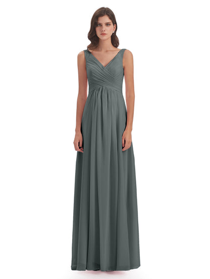 Jurnee Floor Length V-neck Ruched Chiffon Bridesmaid Dresses