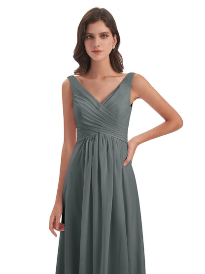 Jurnee Floor Length V-neck Ruched Chiffon Bridesmaid Dresses
