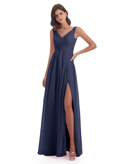Jurnee Floor Length V-neck Ruched Chiffon Bridesmaid Dresses
