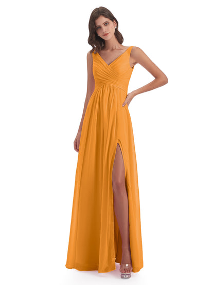 Jurnee Floor Length V-neck Ruched Chiffon Bridesmaid Dresses