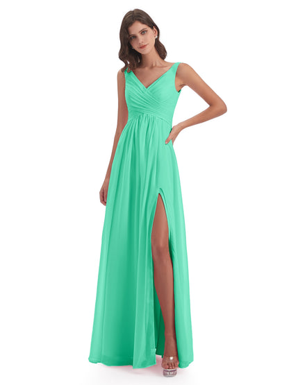 Jurnee Floor Length V-neck Ruched Chiffon Bridesmaid Dresses