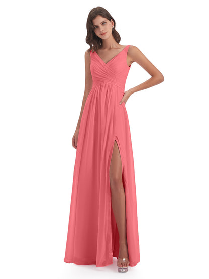 Jurnee Floor Length V-neck Ruched Chiffon Bridesmaid Dresses