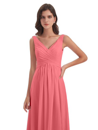 Jurnee Floor Length V-neck Ruched Chiffon Bridesmaid Dresses