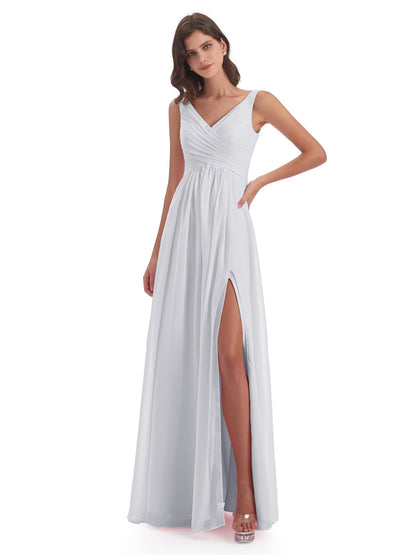 Jurnee Floor Length V-neck Ruched Chiffon Bridesmaid Dresses